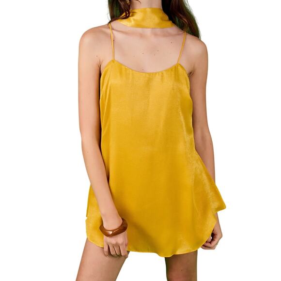 Endless Rose NWT Golden Yellow Satin Spaghetti Tie Strap Mini Romper Dress - Picture 1 of 13
